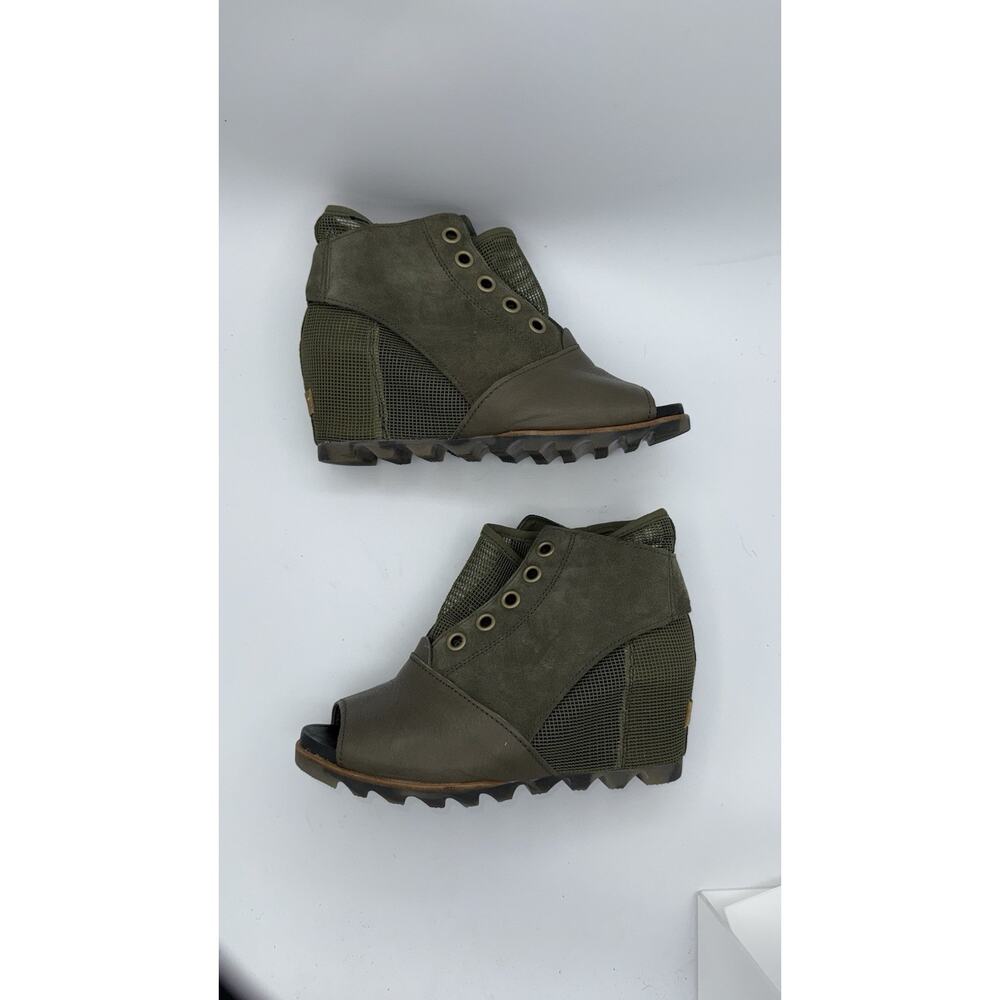 SOREL Women's Joanie Boot Wedge 10 Suede & Micro Mesh Bootie Green Peep Toe - Picture 4 of 11